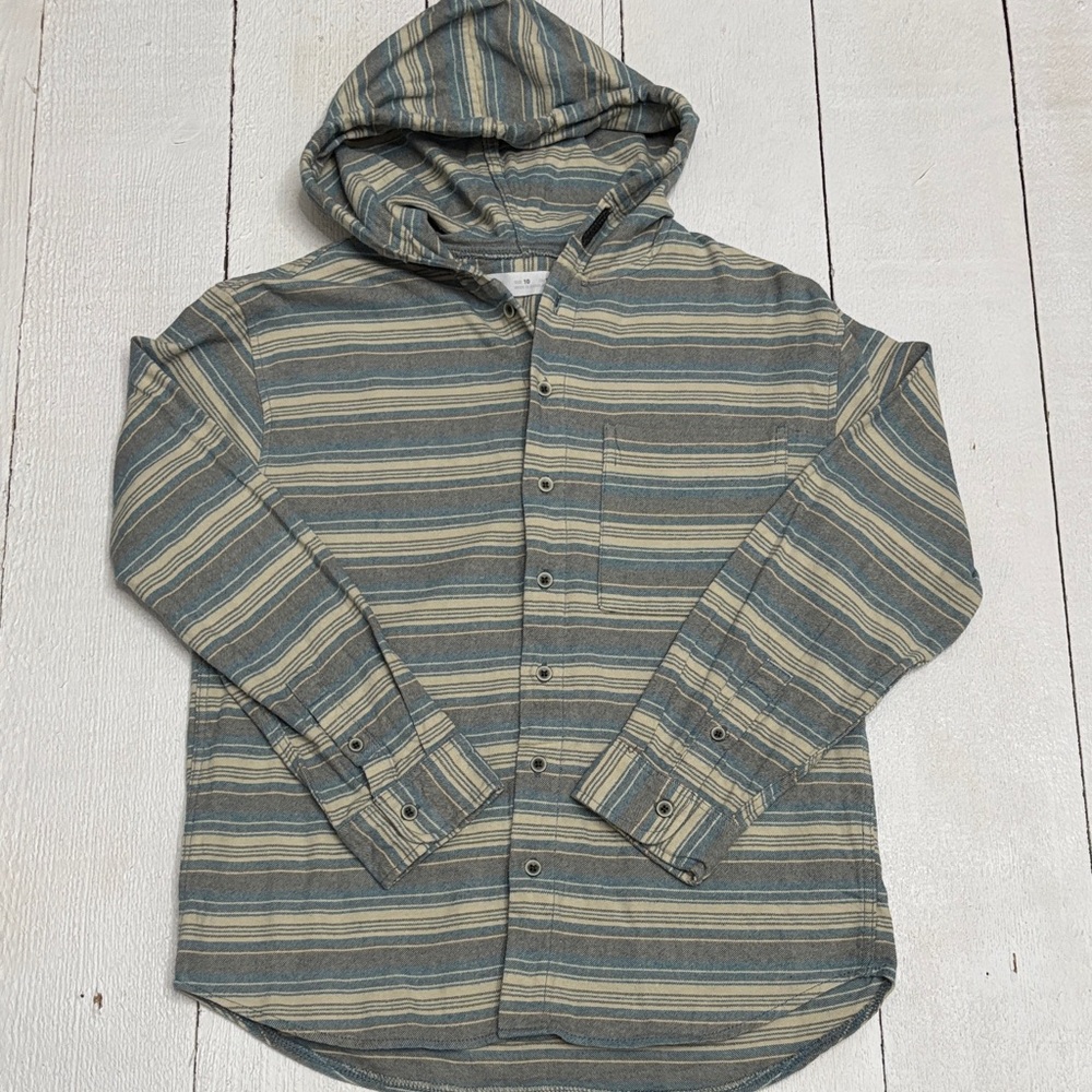 Zara Kids Boys Striped Hooded Shirt - Blue and Tan Size 10